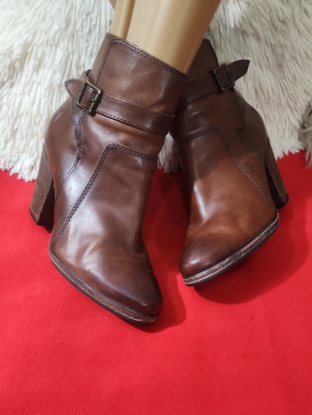 Frye Patty Brown Leather Ankle Booties with Buckle Strap